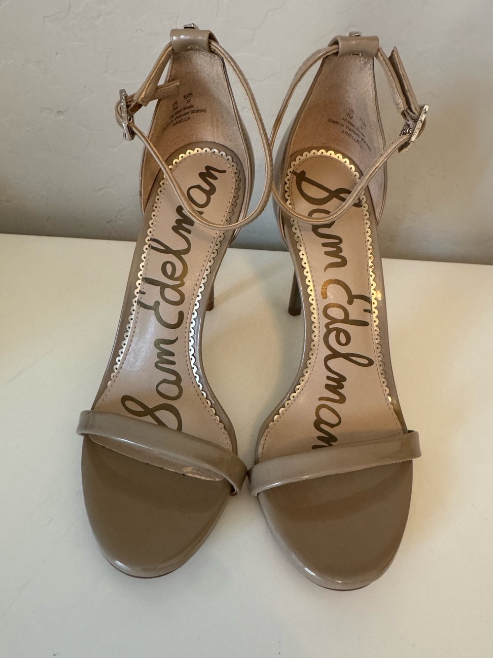 Sam Edelman Taupe Patent Leather Ankle-Strap Heels